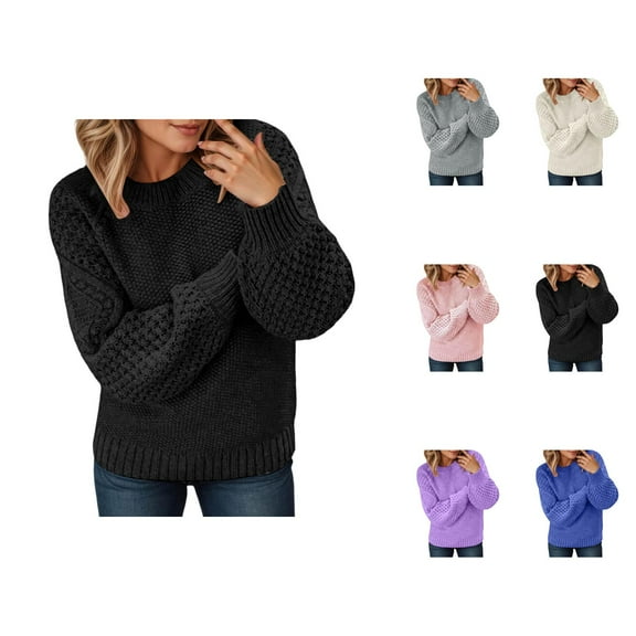 Womens Knit Sweater Tops for Women Trendy Crewneck Loose Fit Pullover Solid Color Jacquard Pattern Soft Casual Fall Winter Outfit