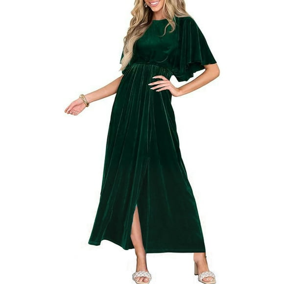 Up to 30% OFF,Women Solid Color Velvet Dress Short Sleeve Round Neck Dress,Velvet Dress, Short Sleeve Dress, Round Neck Dress Effortlessly Chic|100%Polyester,Green,Sopatenor