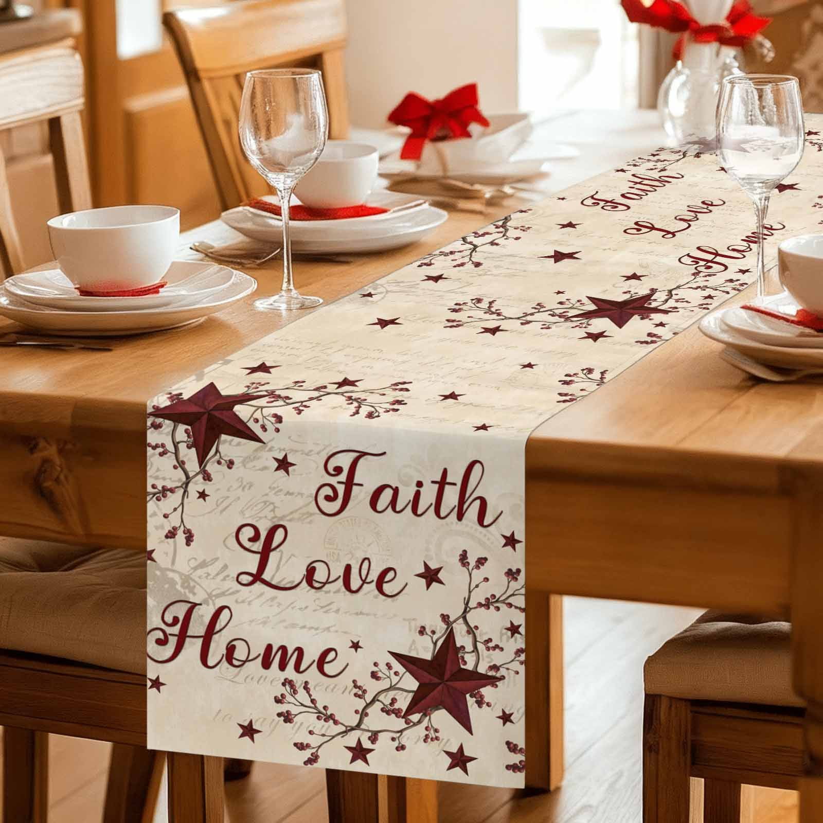 Vintage Country Cotton Linen Table Runner for Dining Kitchen, Vintage Rustic Texas Stars Plants Branch Wedding Outdoor Party Tablerunners, Dresser Scarf Coffee Tablecloth Runners 13x60 Inches