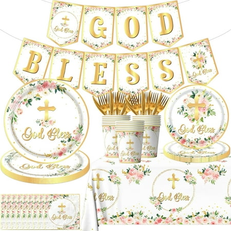 God Bless Baptism Party Decorations Pink Floral First Holy Communion Plates Napkins Cups Banner for Newborn Baby Shower Christening Table Decorations Serve 20