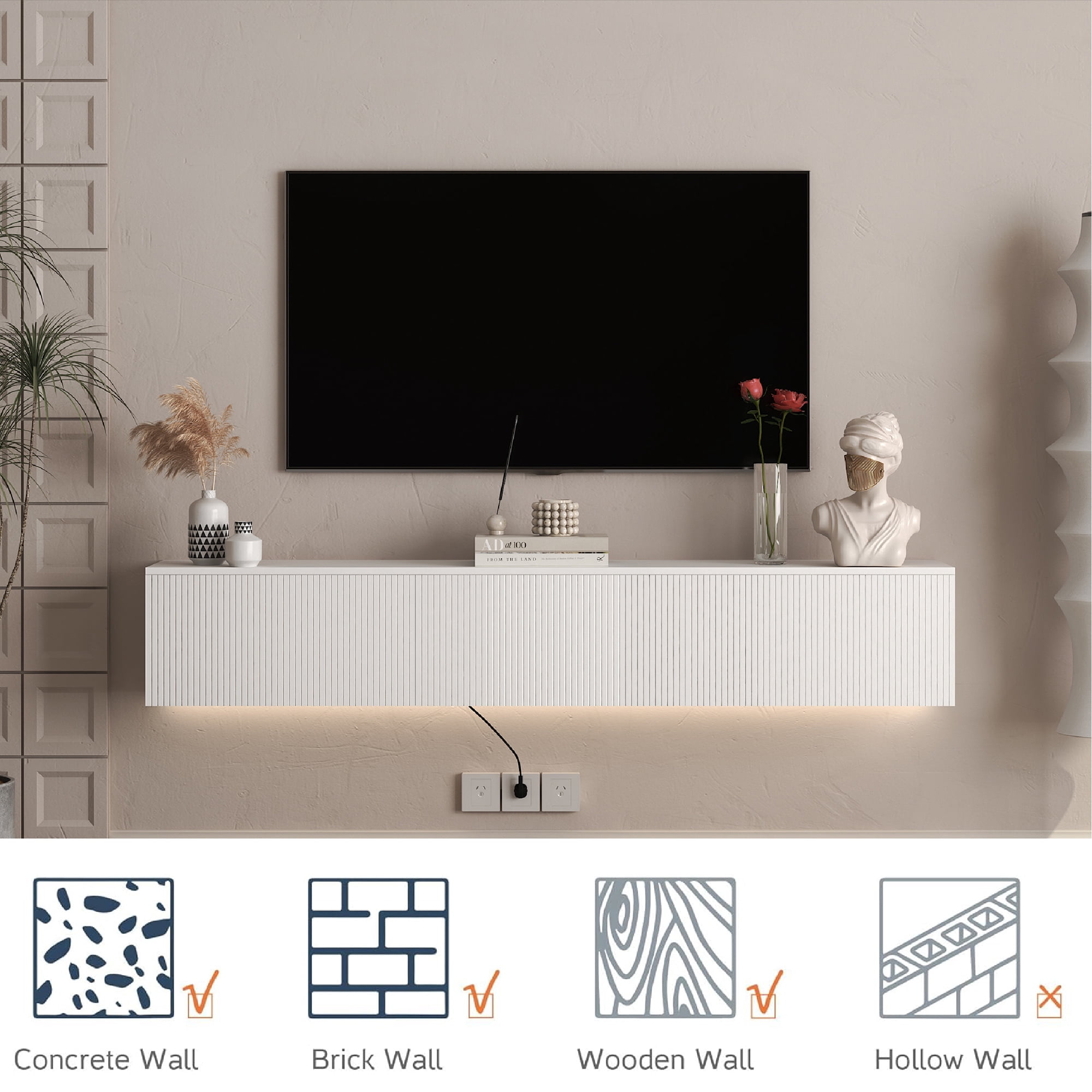 Yoneston Wall Mounted Floating TV Stand wih LED for 55/60/65inch TV, 69" Modern TV Stand with Drawer, High Gloss Entertainment Center for Living Room, White