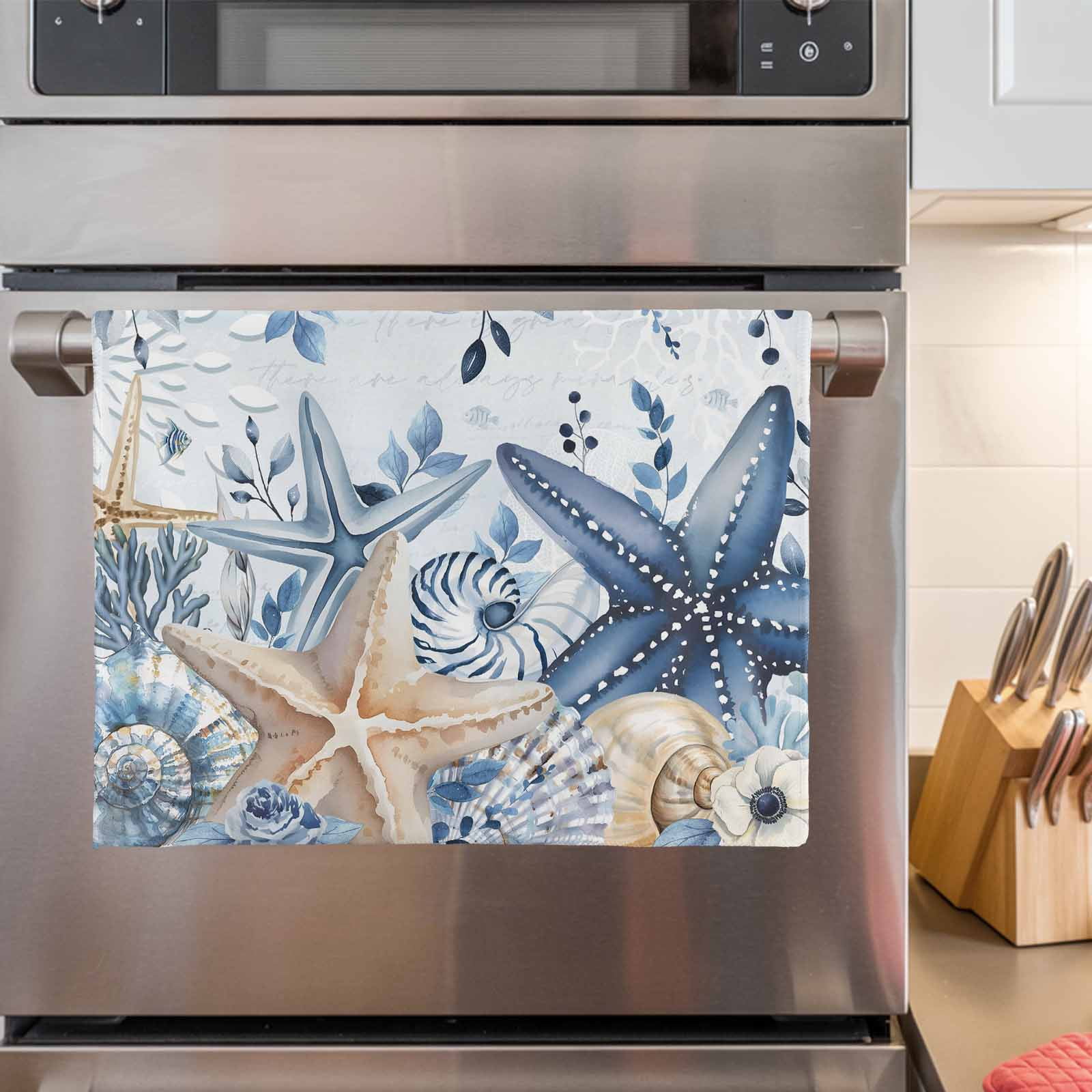 Blue Starfish Coastal Kitchen Towels Set of 2, Water Absorbent Dish Towel, Eucalyptus Summer Nautical Shell Decorative Hand Towels - Quick Drying Cloth for Cooking Baking, 18x28 Inch