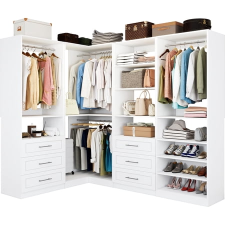 Walk In Closet Organizer System Standing Corner Wardrobe Unit With Six Storage Drawers And Eight Stainless Steel Hanging Rods Adjustable Shelving Clothes Rack Modern Style