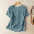 thumbnail image 5 of Craaazy Short Sleeve Tops for Women Plus Size Solid Color Crew Neck Cotton Linen Blouses with Front Embroidery for Spring Summer, 5 of 7