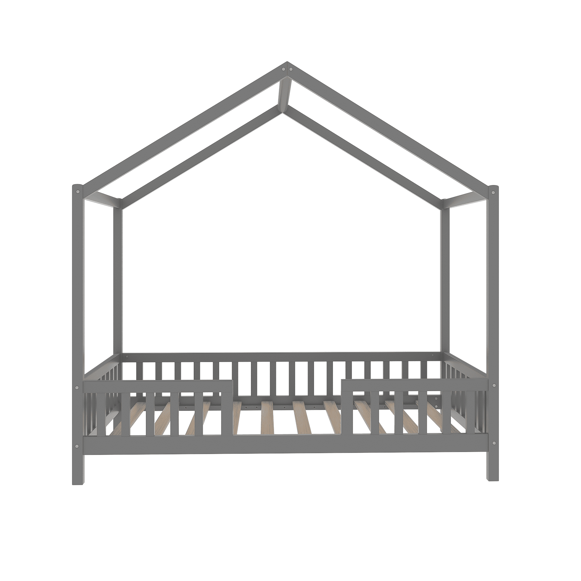 Euroco House Floor Bed with High Railings, Twin Size Kids' Bed with Canopy, Grey