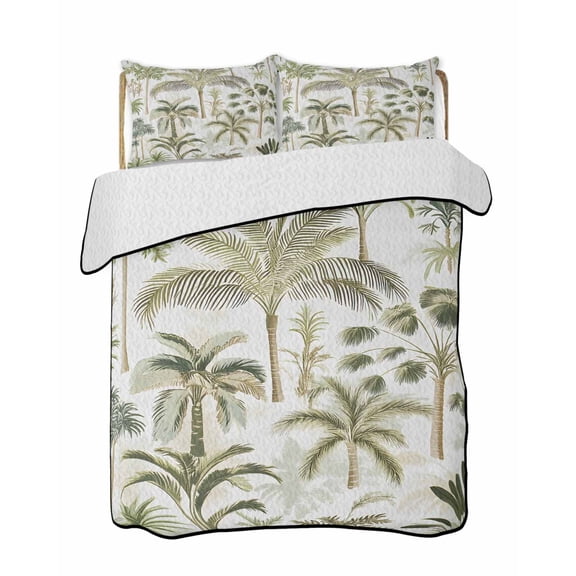 Green Palm Tree Quilts Bedding Set Queen Size Vintage Watercolor Tropical Forest Plant Botanical Lightweight Quilted Bedspread 3 Piece Bed Quilt with 2 Pillow Shams All Season for Bedroom 78" x 90"