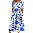 thumbnail image 2 of YueHuiYing Women's Summer Casual Blue-and-White Porcelain Print Short-Sleeve Round-Neck Knee-Length Dress, 2 of 7