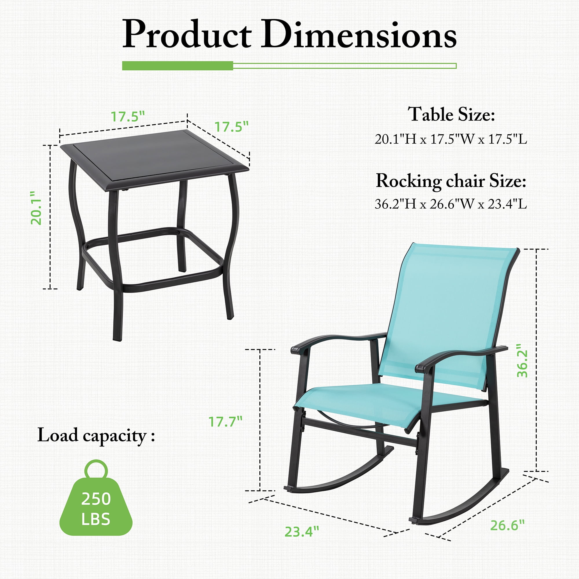Walsunny 3 Pieces Rocking Bistro Patio Furniture Rocker Set with 2 Outdoor Rocking Chairs and 1 Glass Coffee Table for Porch Deck Lawn,Blue