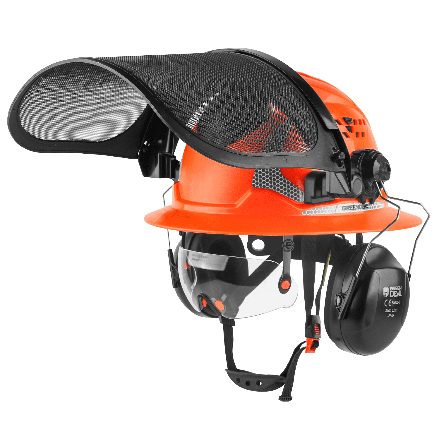 GREEN DEVIL Industrial Chainsaw Helmet with Face Shield Built in Visor and Ear Muffs 4 in 1 System ANSI Z89.1 Full Brim Safety Hard Hat Adjustable Headgear Ideal for Forestry and Arborist Work