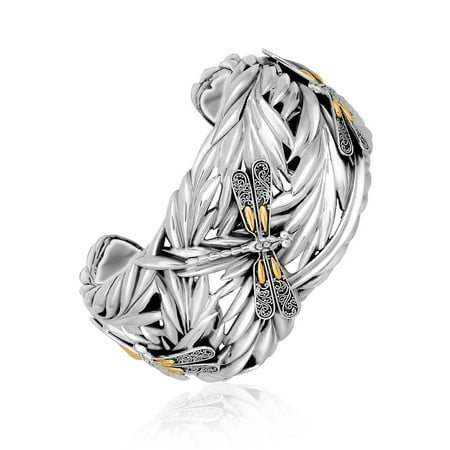 Dragonfly Cuff Bracelet - 18K Yellow Gold and Sterling Silver Thick Cuff with Leaf and Dragonfly Motifs