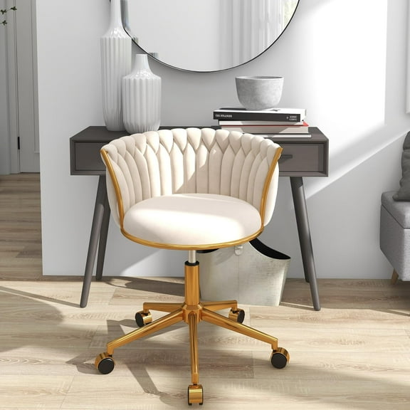 Velvet Desk Chair, Modern Office Chair with Wheels, Home Swivel Vanity Armchair with Woven Back Comfy Height Adjustable Seat Sturdy Golden Metal Rolling Base for Makeup Bedroom, Beige