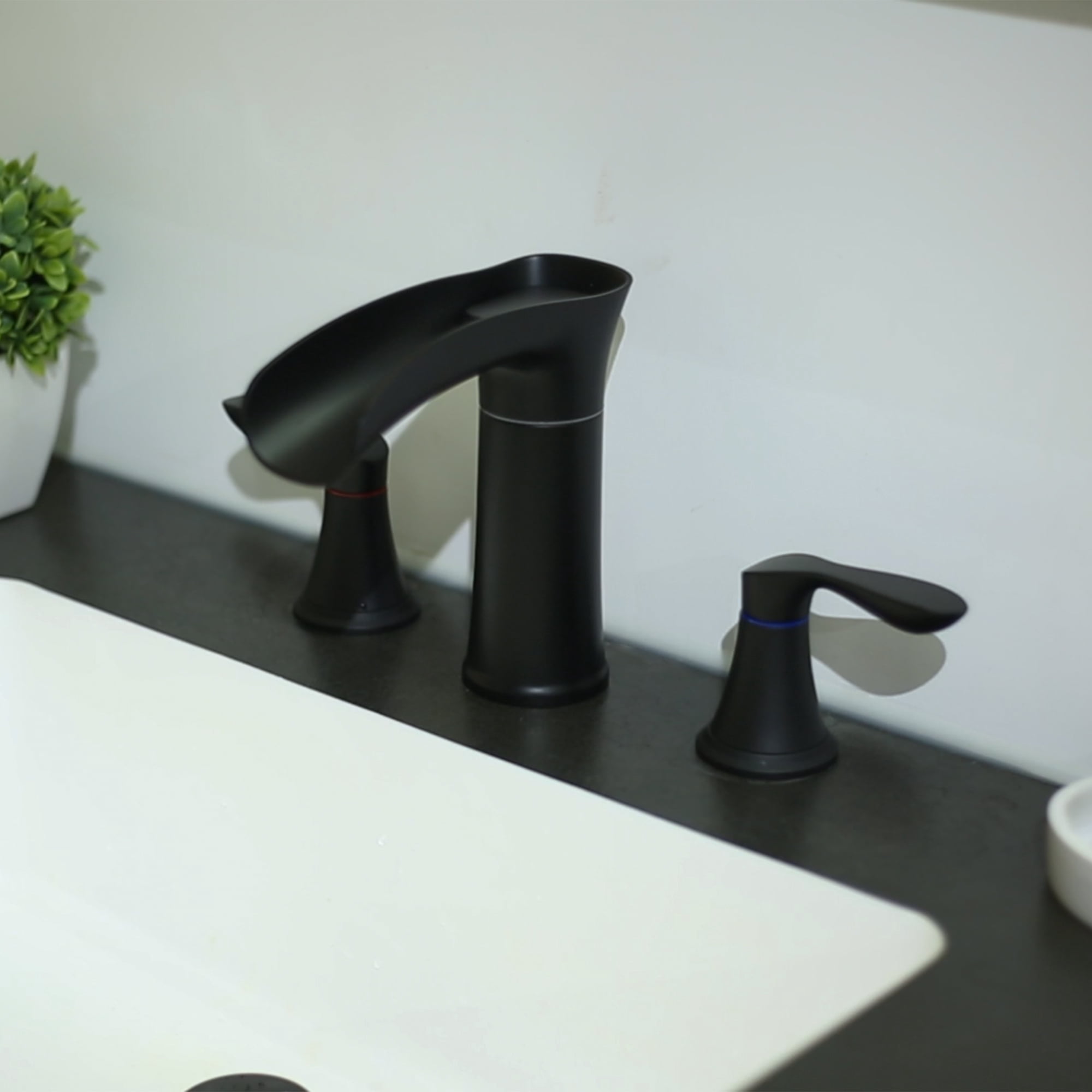Sunrinx 8'' Widespread Bathroom Faucet 2-Handle Waterfall Sink Faucet 360° Swivel Spout Matte Black 3-Hole with Drain Assembly