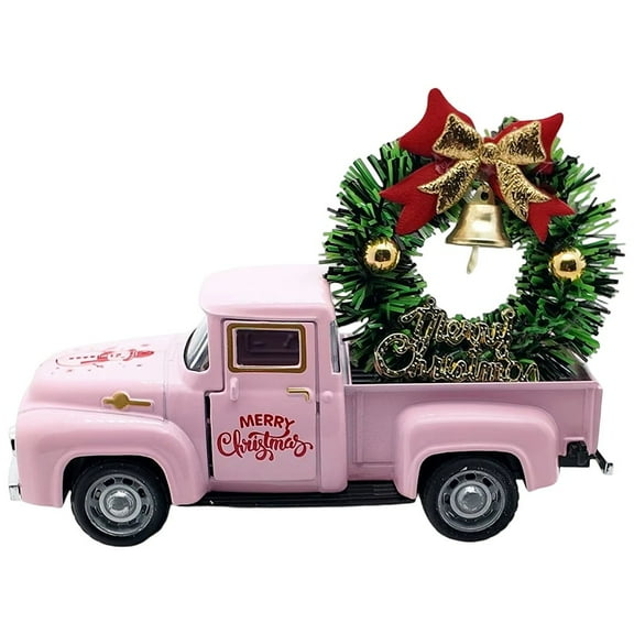 Christmas Truck Ornaments, Metal Vintage Truck Ornaments with Wreath Pink Truck Decorative Decorations for Bedroom Shelf