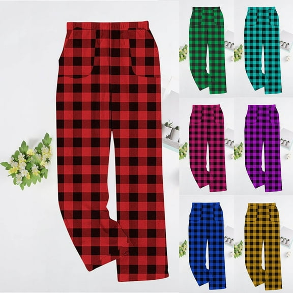 MGDXOX Winter Womens Flannel Pajama Pant with Pockets Plaid Print High Waist Pajamas Pants Soft Warm Fleece Pjs Bottom Purple S