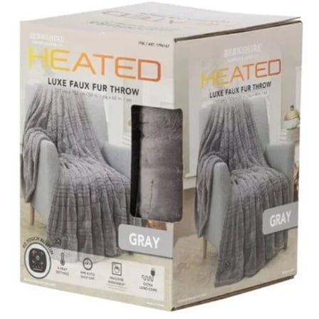 Berkshire Blanket Heated Luxe Faux Fur Throw Blanket, Gray, 50" x 60"