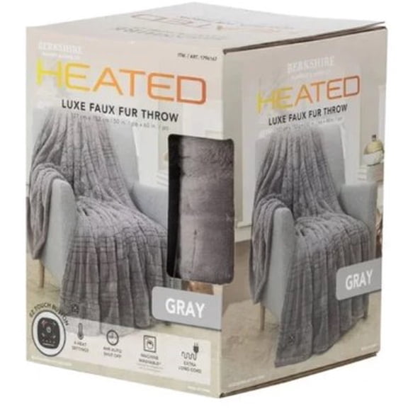 Berkshire Blanket Heated Luxe Faux Fur Throw Blanket, Gray, 50" x 60"