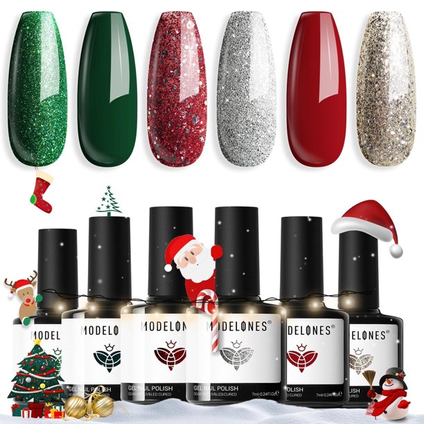 Set de esmaltes de uñas en gel para Navidad de Modelones, 6 colores brillantes