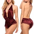 thumbnail image 5 of Women Lingerie Satin Bodysuit Teddy Babydoll One Piece Halter Pajamas Deep V Jumpsuit Short Nightwear, 5 of 5