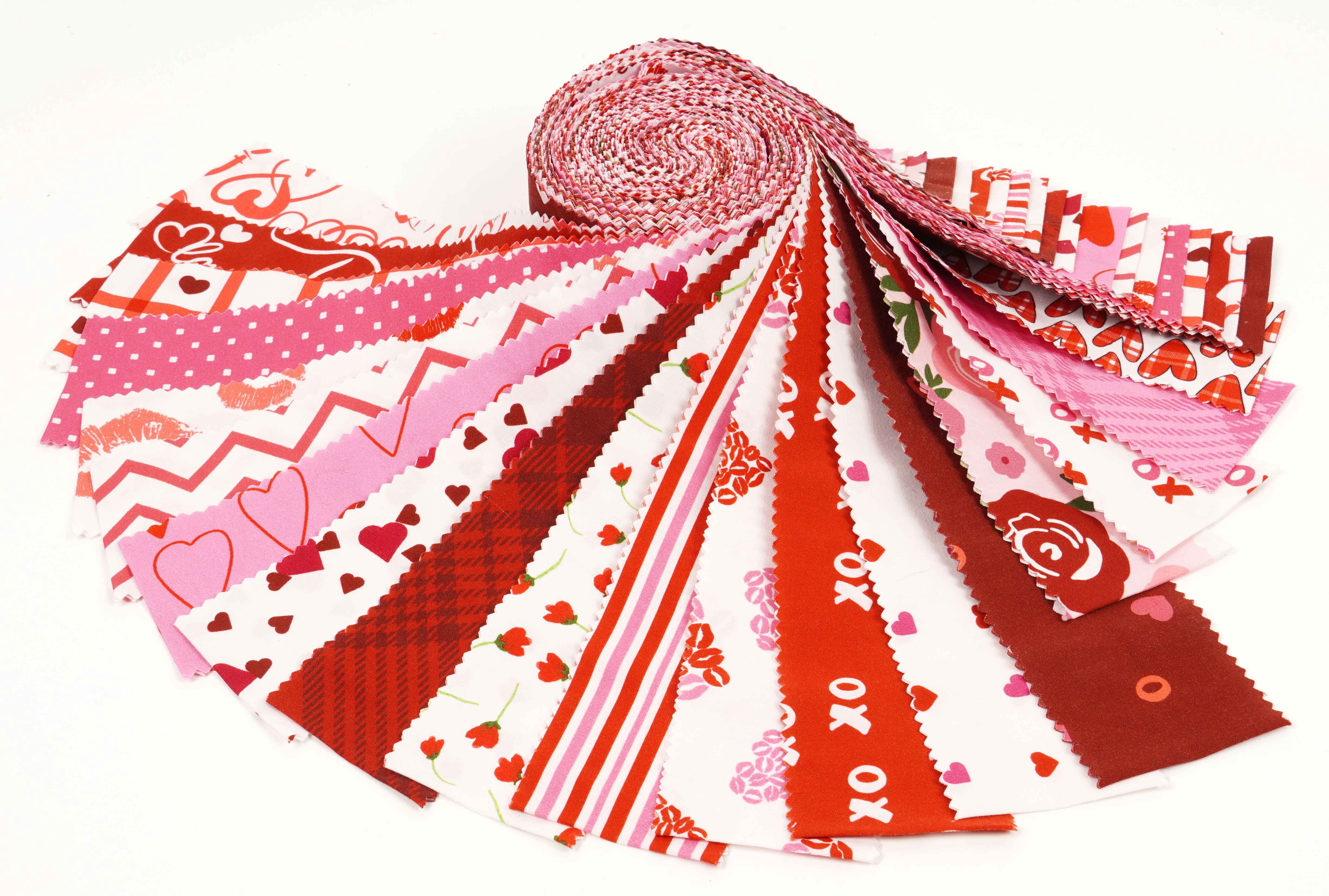 Soimoi 40Pcs Valentine Print Cotton Precut Fabrics For Quilting Craft Strips 2.5x42 inches Jelly Roll - Pink-White & Red