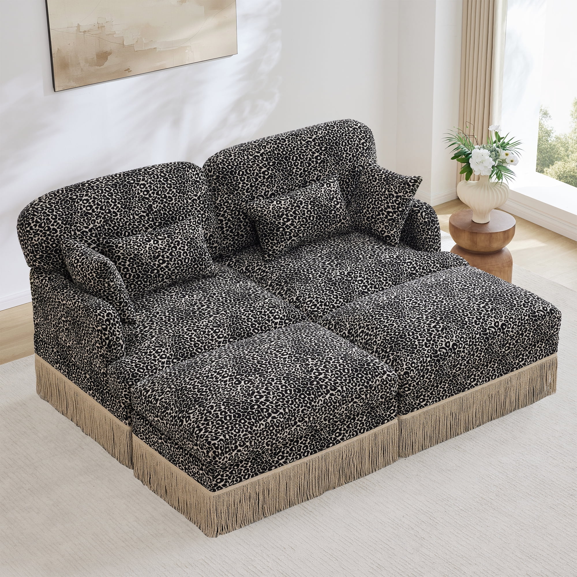 69" Chenille Leopard Tassel Deep Seat Loveseat Sofa Couch with 2 Ottoman and 4 Throw Pillows