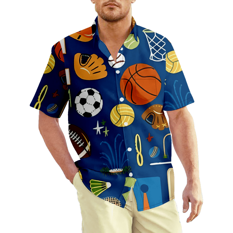 Sporting Football Basketball Men's Hawaiian Shirt Short Sleeves Button Down  Aloha Shirts Beach Dress Shirts XL