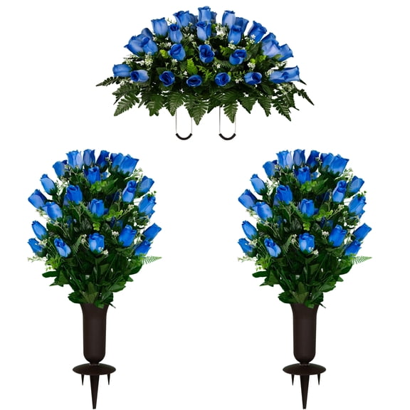 Sympathy Silks Artificial Cemetery Flowers Blue Rose Bud Saddle and 2 Bouquet with Vases
