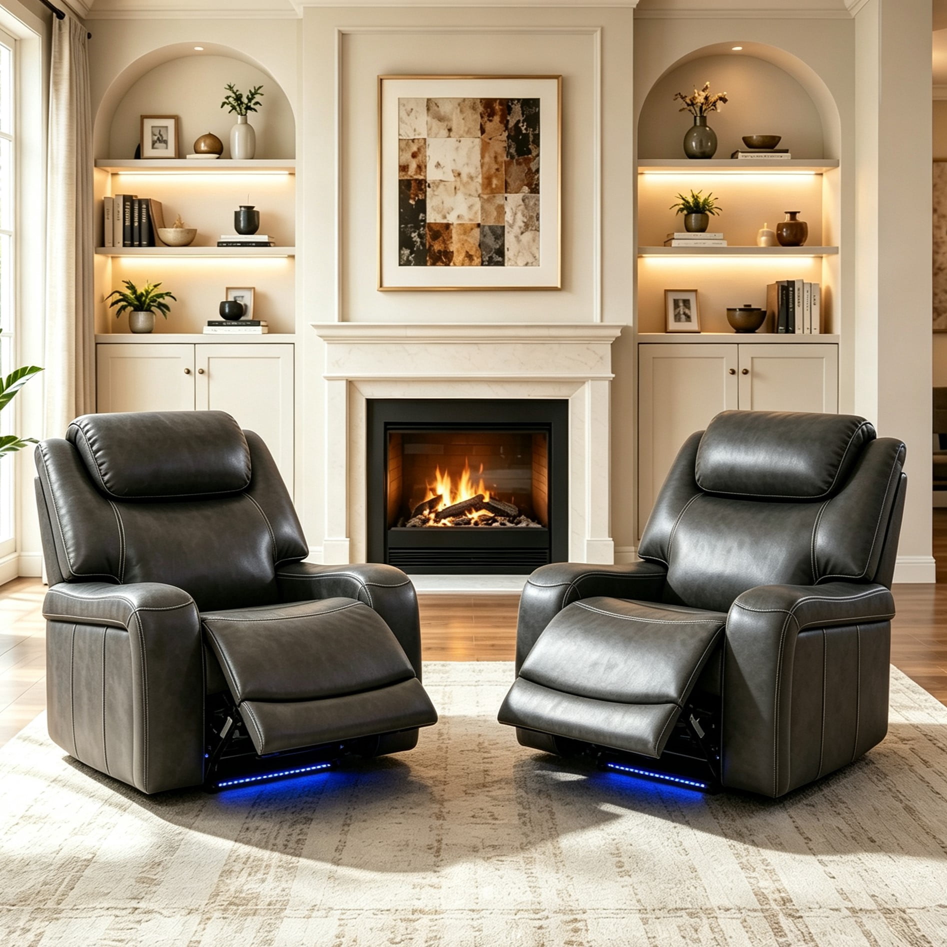 Gewnee Power Recliner Chair, Adjustable Reclining Lounge Chair with USB Ports, LED Lights, Air Leather Upholstered Single Sofa Recliner for Living Room, Office, Black
