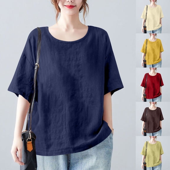 Itsame Women Linen Short Shirt Sleeved Tops Womens Casual T-Shirt Relaxed Round Neck Cotton T Shirt Army Green Size 2XL