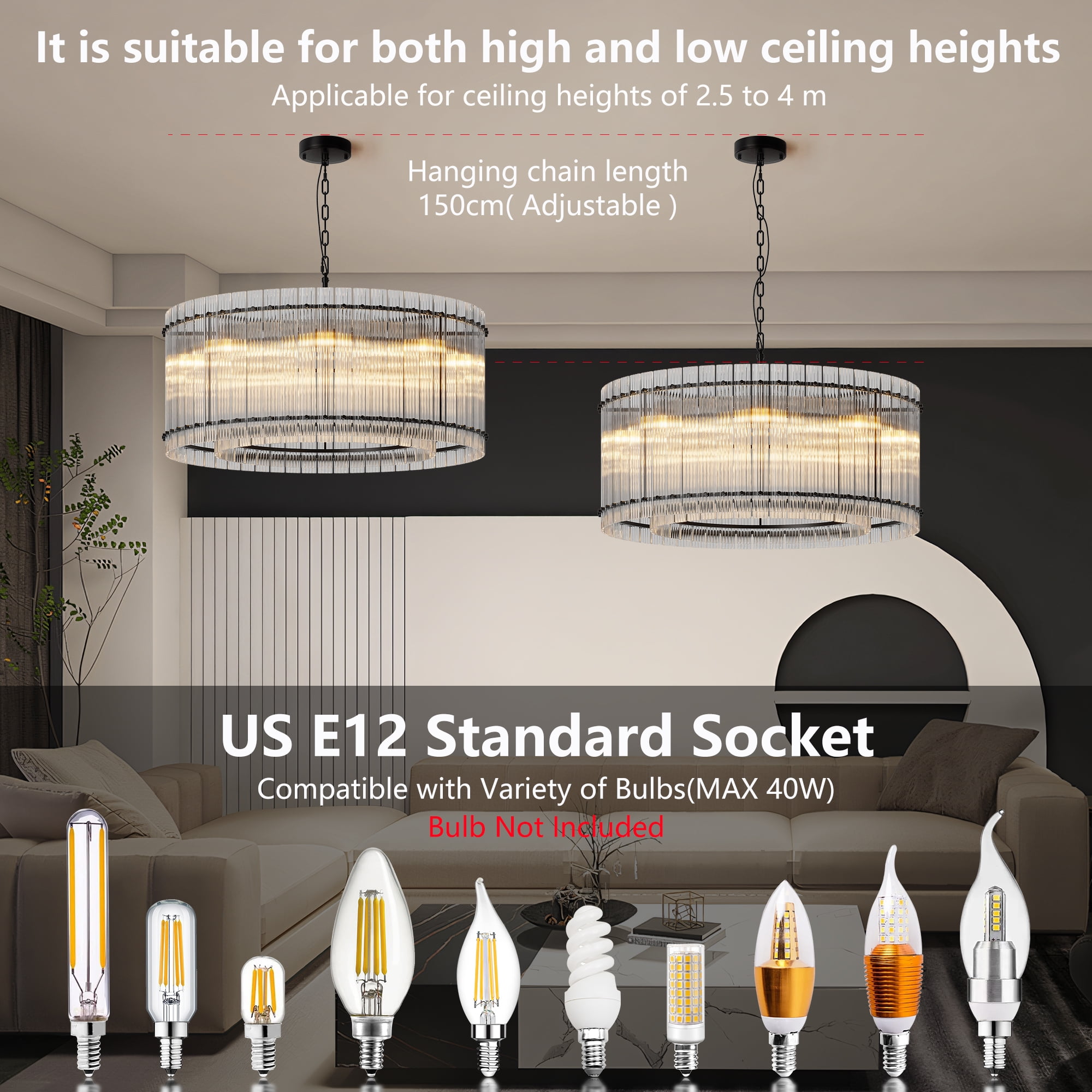Jopath 37" Modern Round Chandelier,2-Tier 8-Light Water Ripple Crystal Glass Chandeliers,for Dining Room,Living Room,Bedroom,Foyer Entryway Black