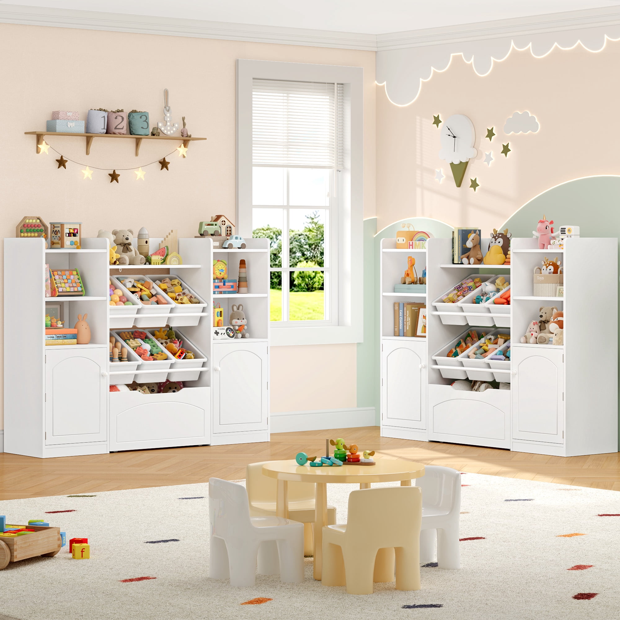 Hiphuta 55"Wide Toy Storage Organizer with Book Shelves Behind The Doors, Kids Bookcase Wood Toy Organizer of 6 Removable Boxes & 8 Storage Cubes, White