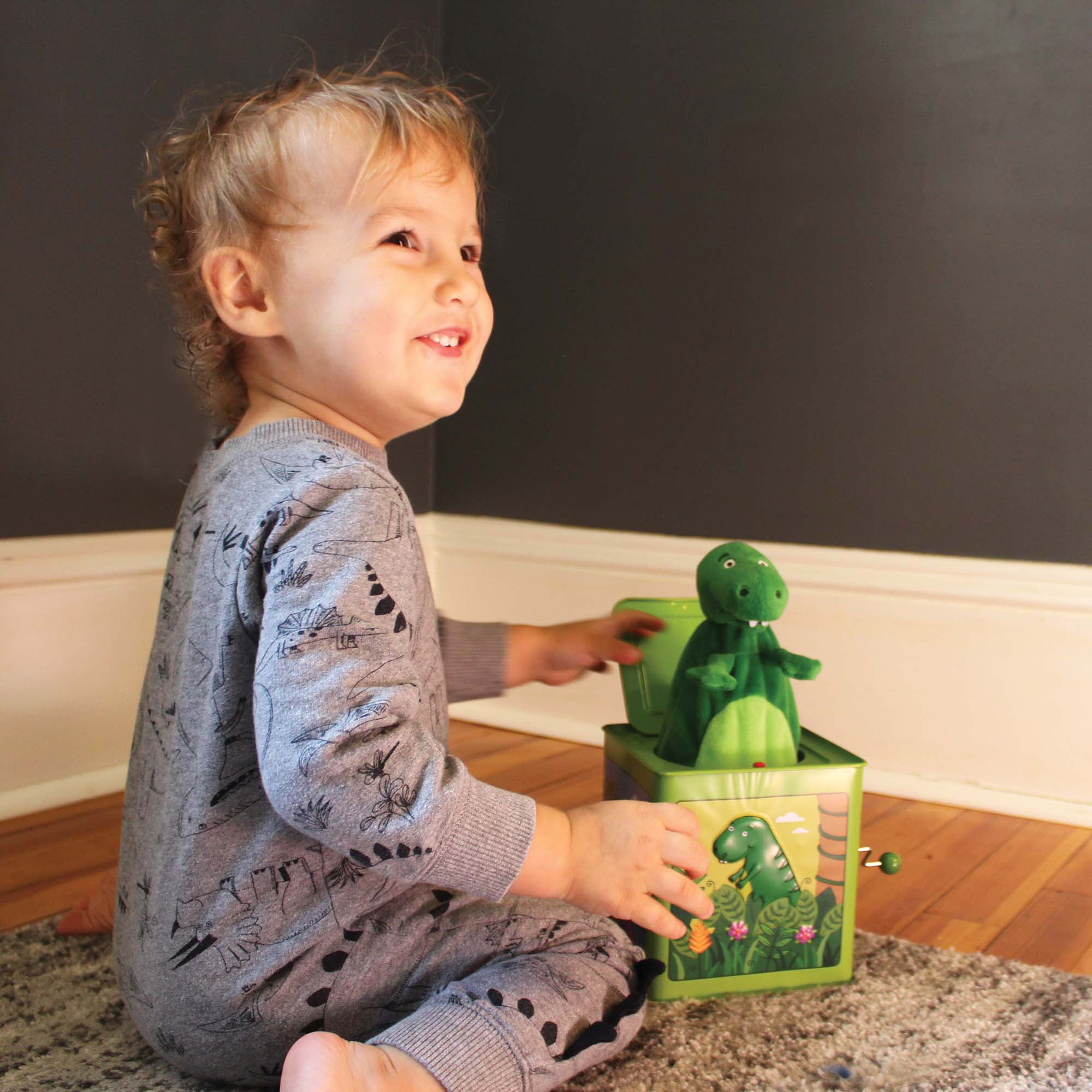 Jack Rabbit Creations Dinosaur Jack in The Box Toy, Plush Green Dinosaur, Side Crank Plays Twinkle Twinkle Little Star, Surprise Pop-Up, Kids Age 3+