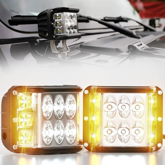 LED Light Pods Side Shooter, LED Offroad Dual Strobe Light Emergency Warning Work Lights Bar Spot Flood Combo Fog Driving Light for Wrangler Truck Trailer Pickup Car SUV ATV RV(2PCS White&Amber)