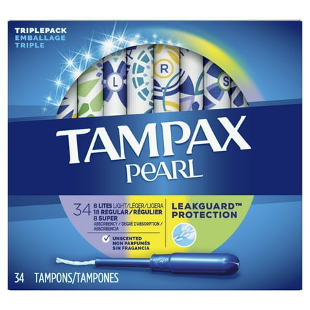TAMPAX Pearl, Triple Pack (Light/Regular/Super), Plastic Tampons, Unscented, 34