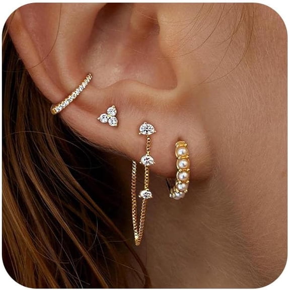 Stack Earrings For Women,Dainty 14K Gold Plated Pearl Hoop Huggie Earring Set Cute Chain Cartilage Earring Stack Trendy Hypoallergenic Long Drop Stud Earrings Jewelry