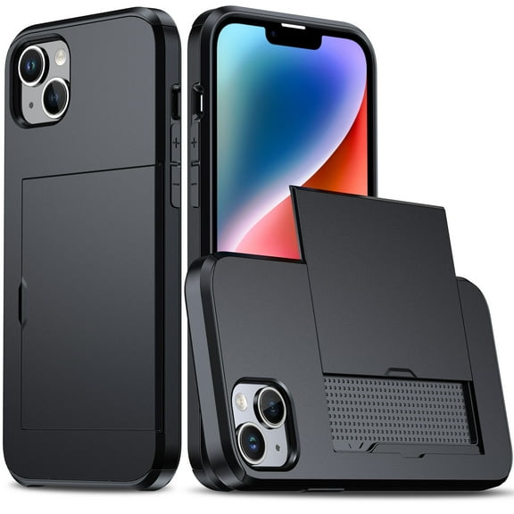 Compatible with iPhone 15 Case, Wallet Cover Credit Card Holder Slot Sliding Back Pocket Anti-Scratch Dual Layer Protective Case Cover for iPhone 15, Black