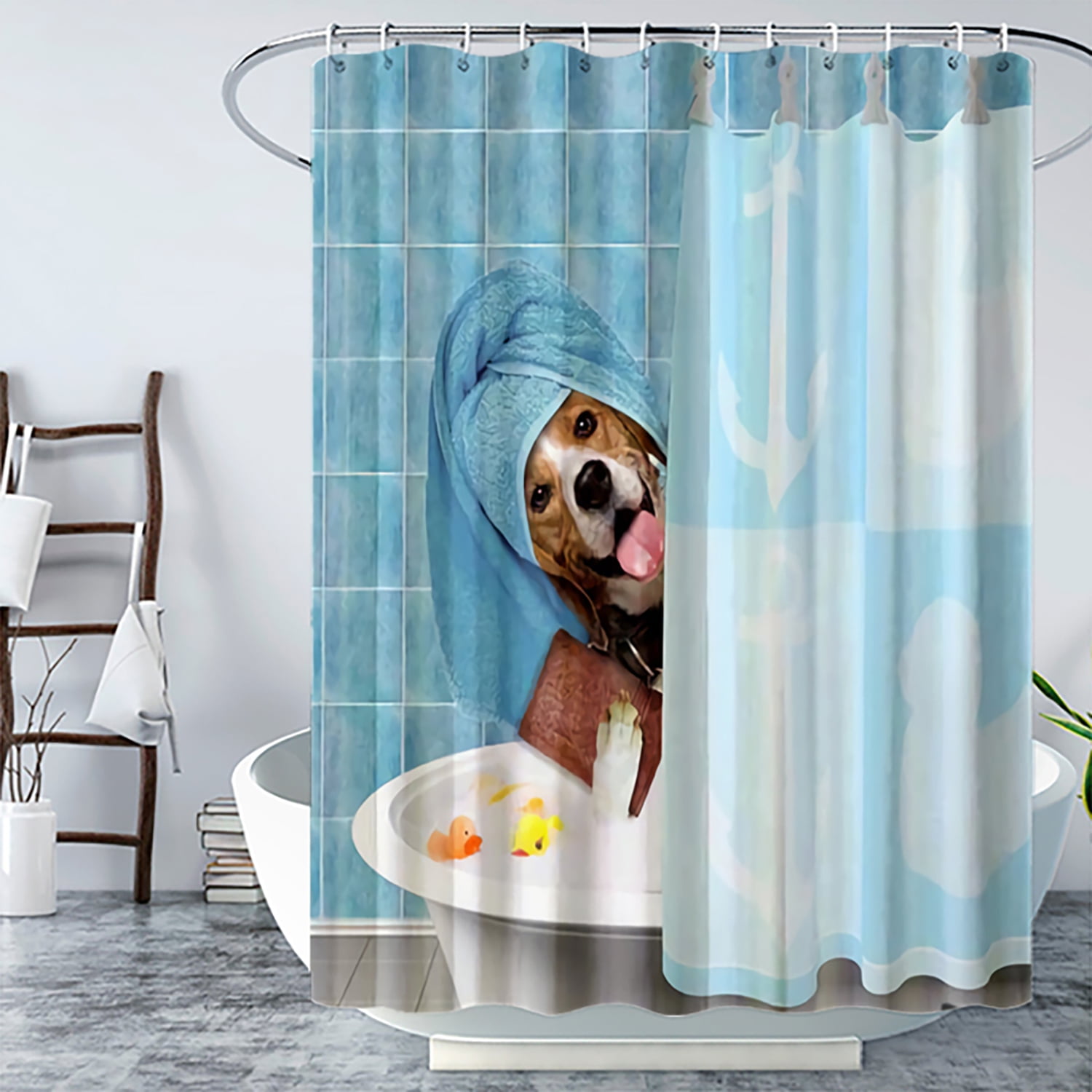 Animal Theme Waterproof Fabric & 12 Hooks Bathroom Shower Curtain 71X71" 