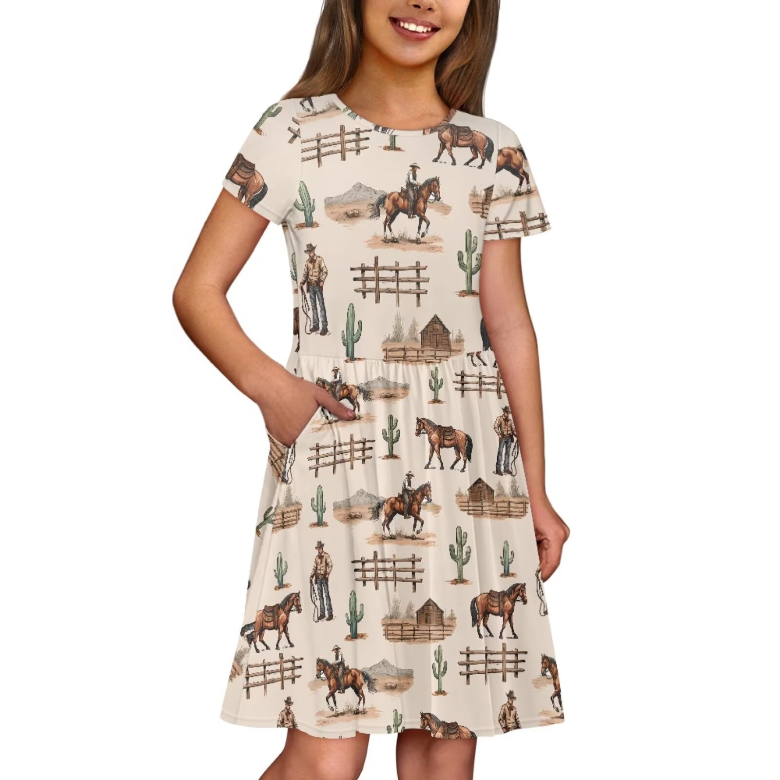 Uourmeti Aztec Horse Short Sleeve Swing Dresses 2-3T Girls Crew Neck Midi Dress Summer Casual Beach Dresses with Pockets