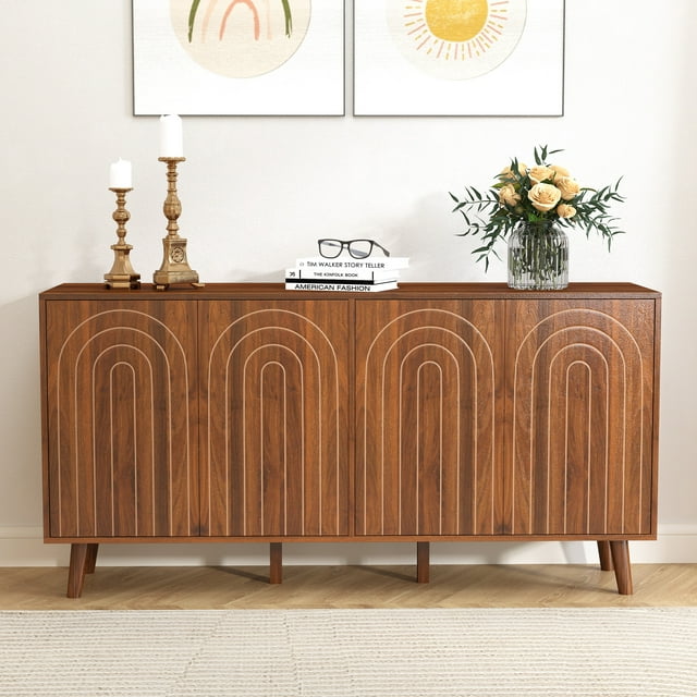 WIRRYTOR Buffet à Cannelures avec Rangement et Tablettes Ajustables, Buffet, Armoire de Rangement d'Accent avec Porte en Arc Cannelée Sculptée pour Cuisine, Salle à Manger, Salon (Noyer, 4 Portes)