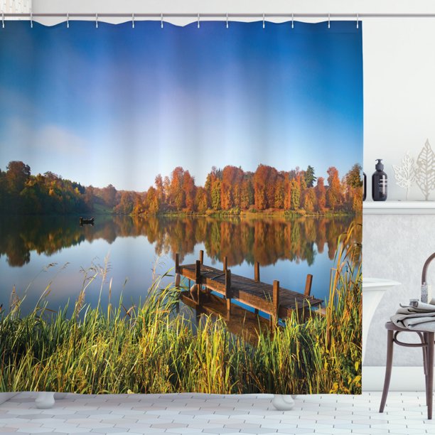 Scenery Shower Curtain, Lake View Fishing Countryside Themed with Trees