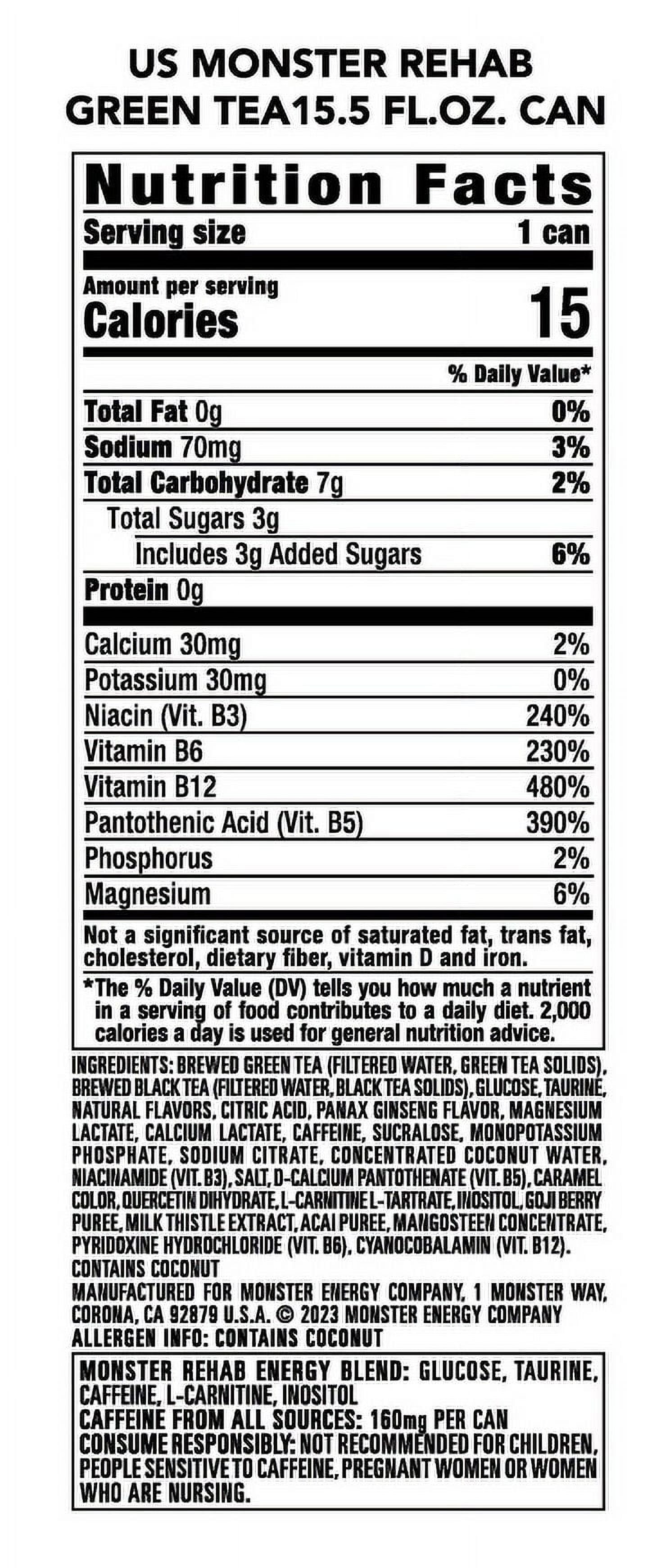 Monster Energy Rehab Green Tea + Energy, Energy Iced Tea, Energy Drink 15.5 Fl Oz (Pack of 6)