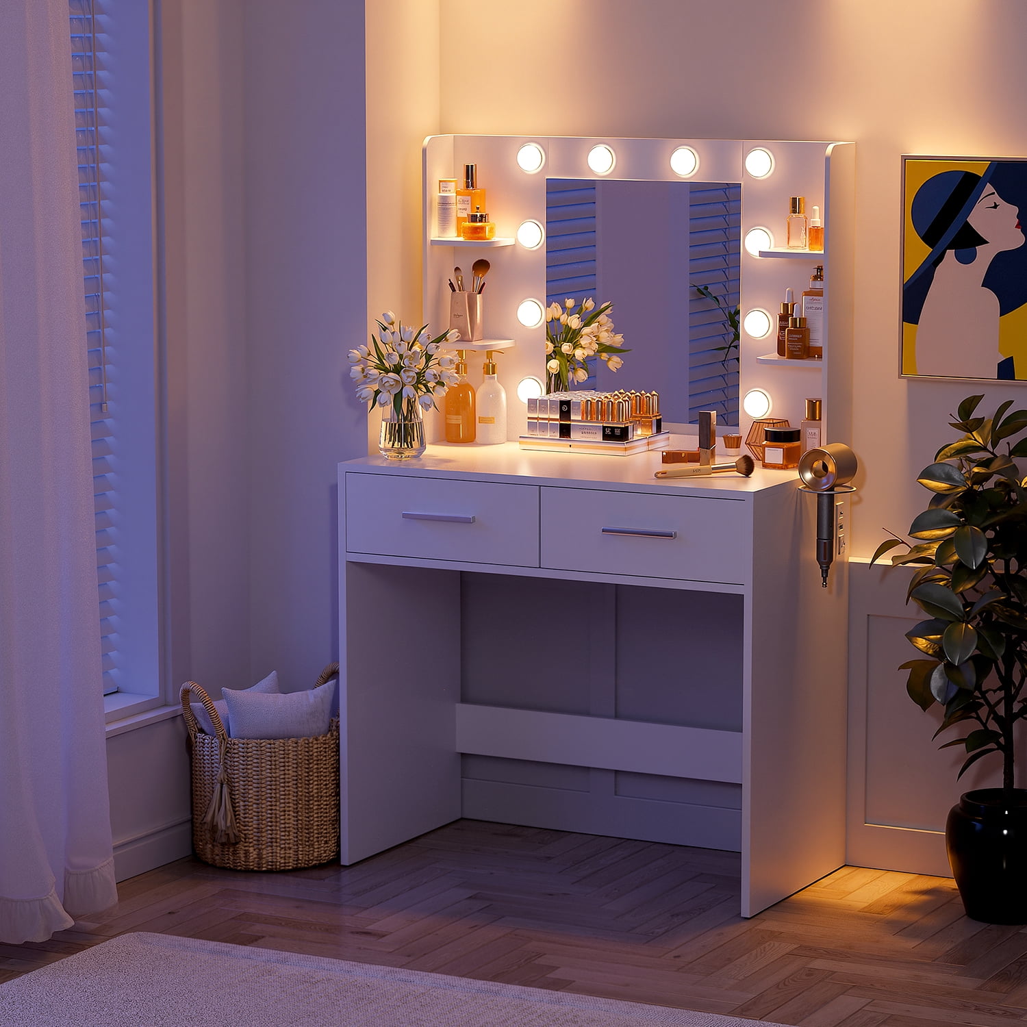 Vineego Makeup Vanity Desk with Lighted Mirror & Power Outlet, Makeup Vanity with 2 Drawers,White