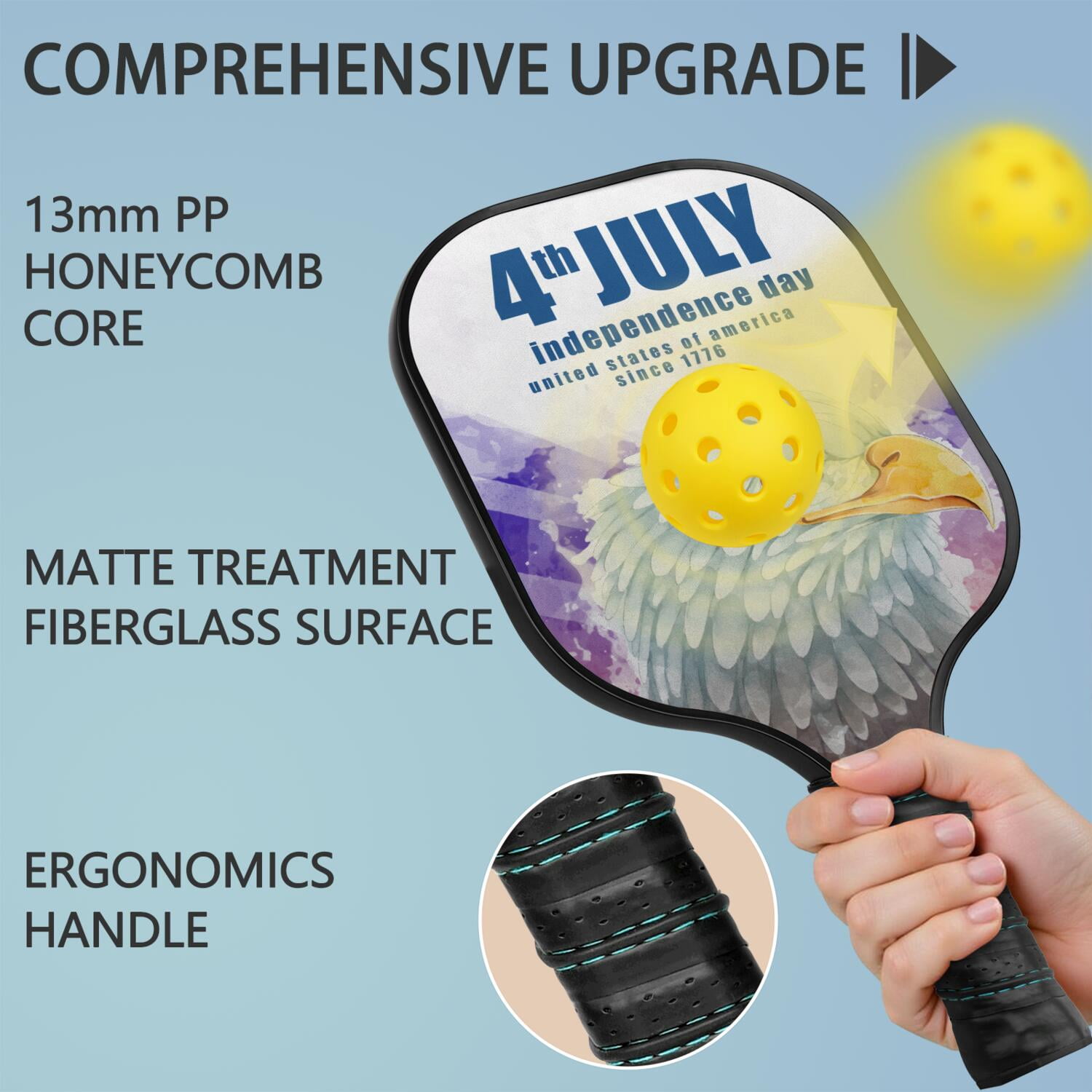 Pickleball Paddles Set Of 2, Fiberglass Surface, USA, Independence Day Print, 4 Balls & Bag