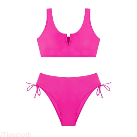 JTieacloth Swimwear for Girls Girls Swimsuit 2 Piece V Neck Cutout Girls Swimwear Top High Waisted Bottom Bathing For Teens 7 16 Years Pink 11-12 Years