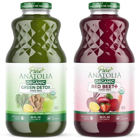 Organic Beet + Juice and Green Detox Juice by - Immunity, Enhance your Health - USDA Organic, Gluten , Vegan - 2 Glass Bottle of 32 fl oz.