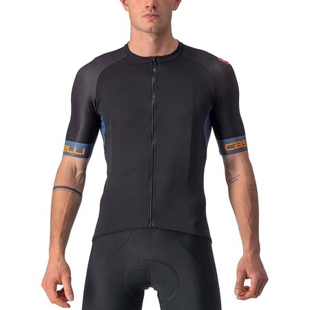 Castelli Men’s Entrata VI Jersey, Quarter Length Sleeve Zip Up Jersey for Aerodynamics, Gravel Biking & Race Cycling - Light Black/Light Steel Blue-Pop Orange - Large