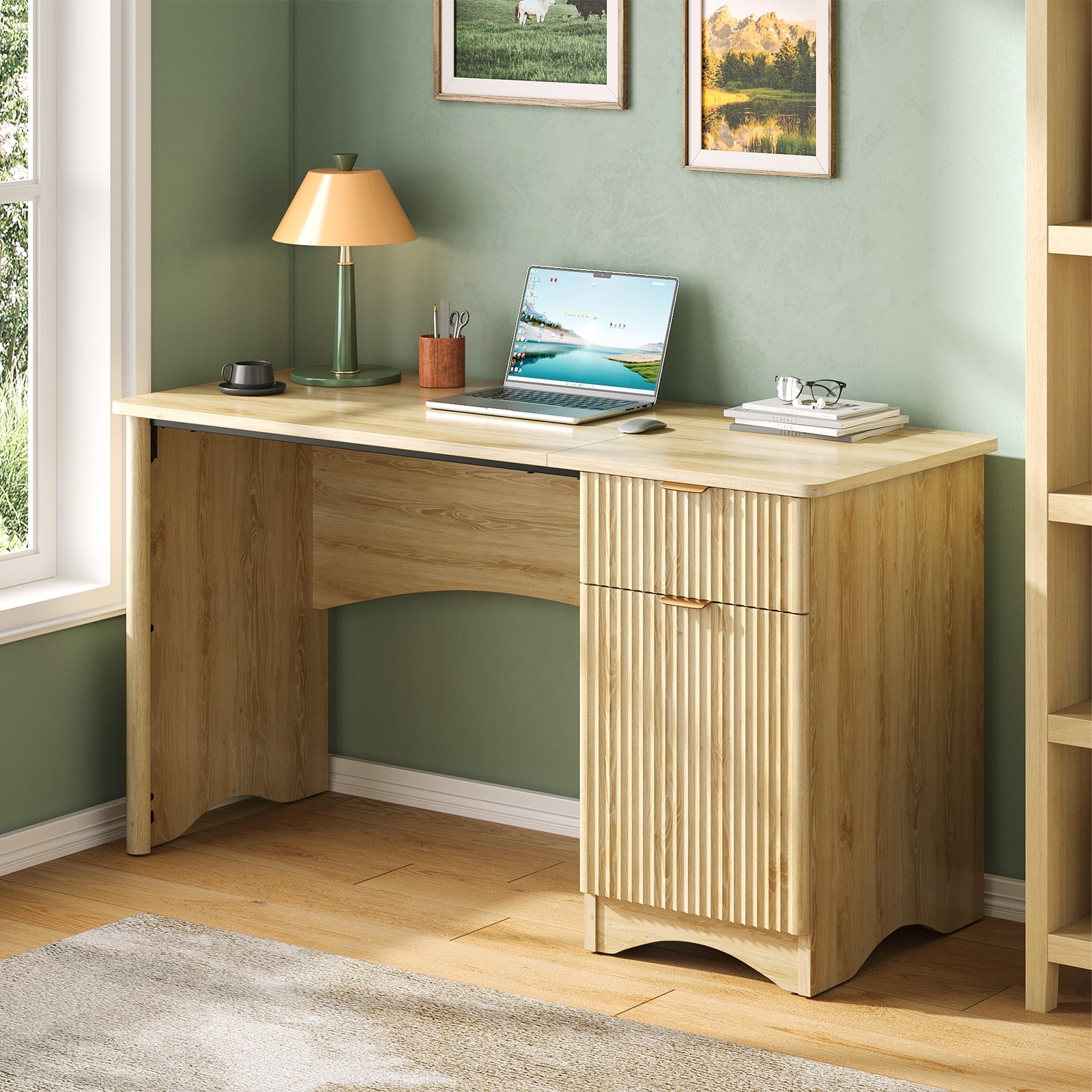 Bestier 47" Computer Desk with Drawer, Modern Home Office Desk with Storage Cabinet, Fluted PC Study Writing Desk for Small Spaces, Oak