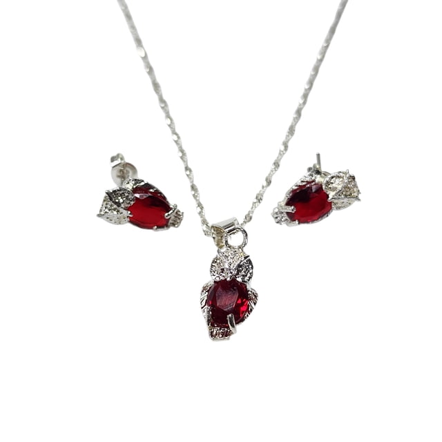 COLLAR DE BUHO ROJO CON ARETES DE PLATA