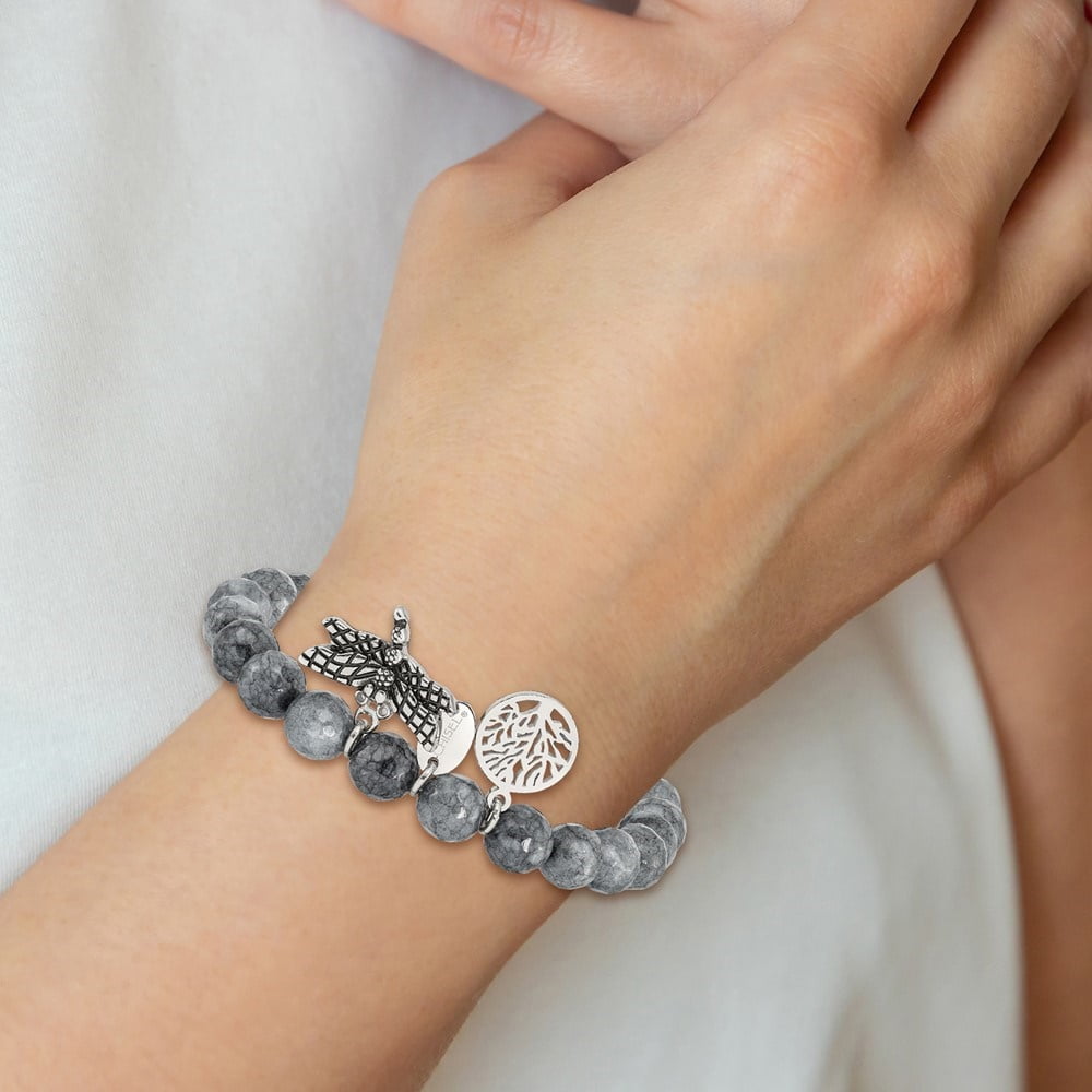 Diamond2Deal Stainless Steel Dragonfly and Tree of Life 8mm Grey Dyed Jade Beaded Stretch Bracelet for Women 6"