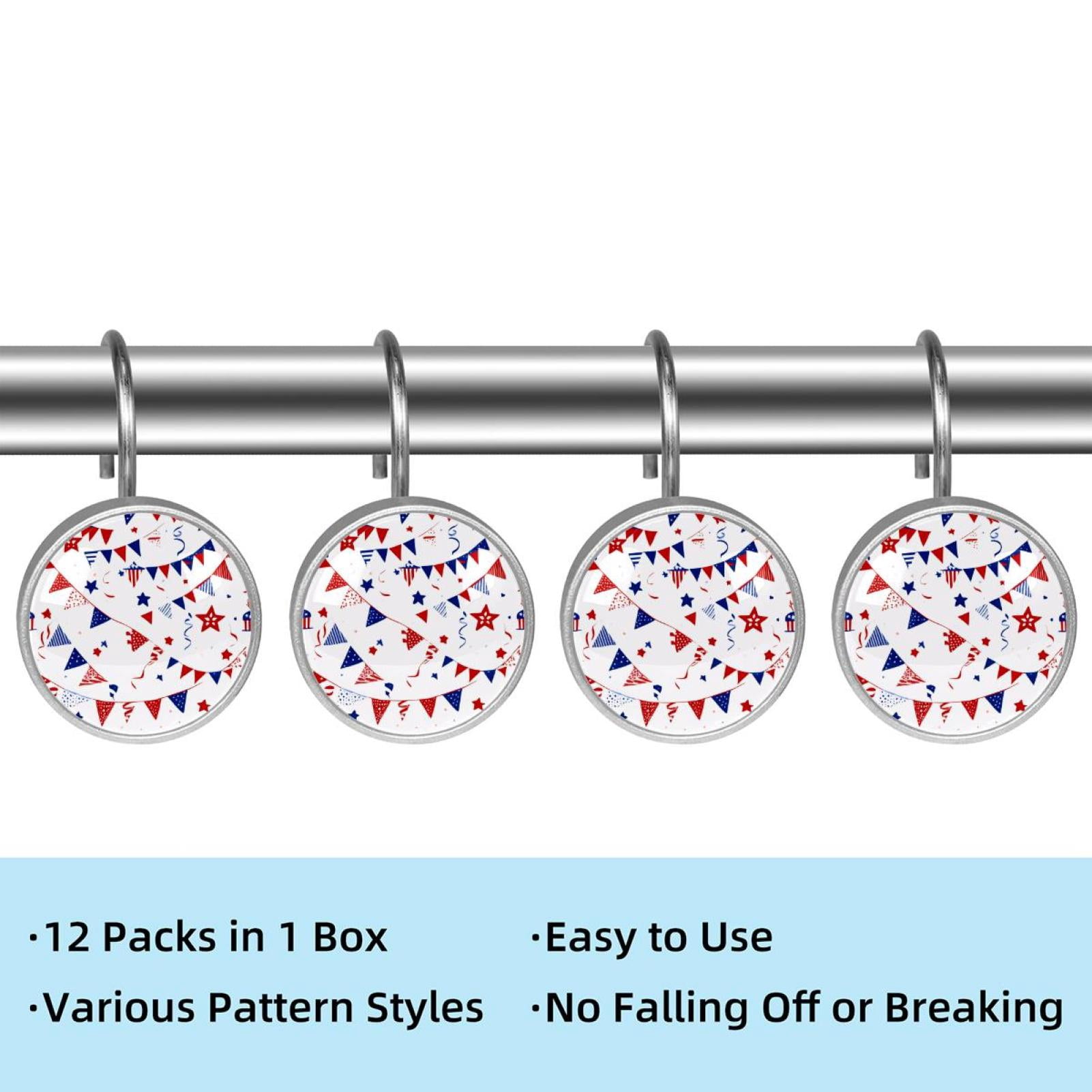 12pcs Decorative Shower Curtain Hooks, Rust Resistant Shower Rings for Bathroom Living Room,Rustproof Stainless Steel Rings for Shower Curtain and Liner Rods,4th of July Flags
