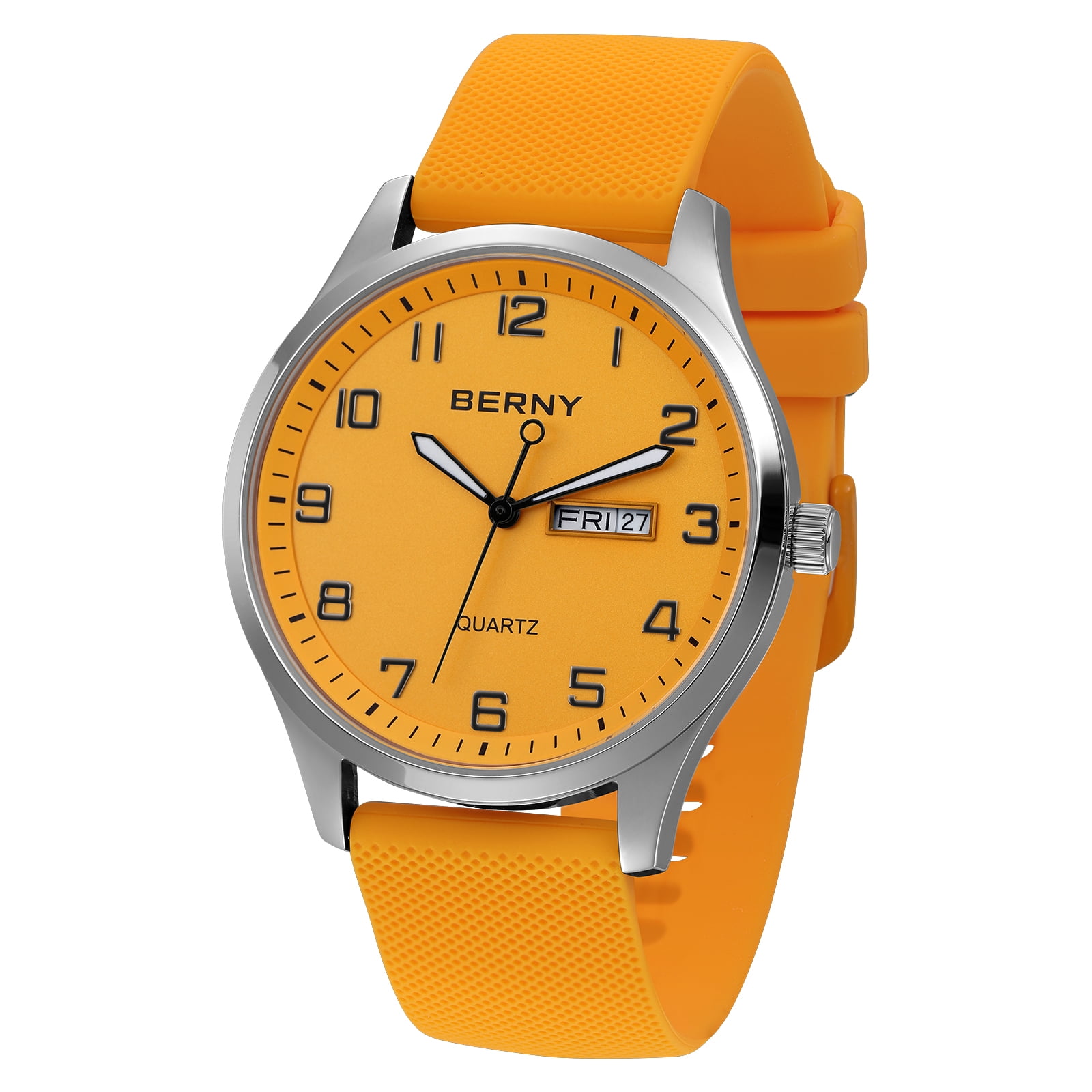 BERNY Modern Quartz Watch for Men Casual Easy Read Wristwatch with Arabic Numeral Watch Dial, Silicone Strap and Day & Date Calendar-Orange Dial